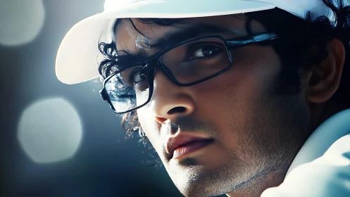 Sunlit thinker in white cap and glasses, quietly electric.