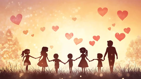 Silhouetted Family Unity Bathed in Golden Warmth.