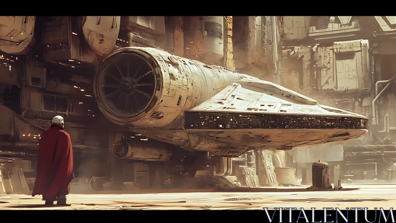 Futuristic spacecraft hovers in industrial hangar with observer