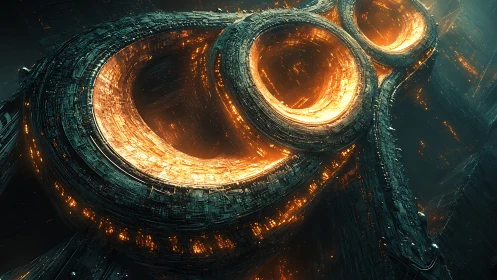 Colossal molten rings dominate vast cybernetic abyssic void.