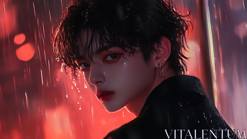 Glistening rainlit portrait of youth in crimson glow.