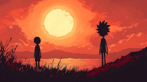 Two silhouetted figures watch a blazing red sunset in silence