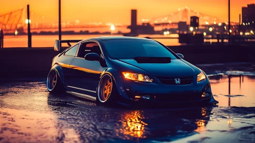 Aerodynamically stanced Honda coupe at luminous urban sunset.