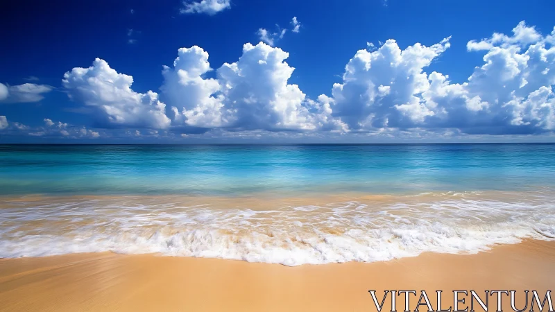 Cloud castles drift above a glassy turquoise shoreline dream