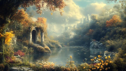 Autumn forest lake with ruins and distant mountain citadel.