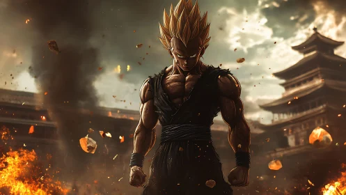 Supercharged warrior amid burning temple battleground.