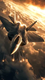 Stealth fighter jet over clouds during intense airstrike.