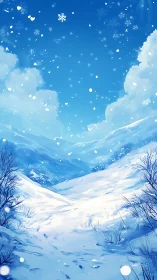Gentle snowfall drifting over quiet blue winter hills.