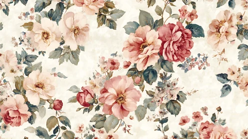 Vintage floral pattern shows soft watercolor-rendered peony clusters