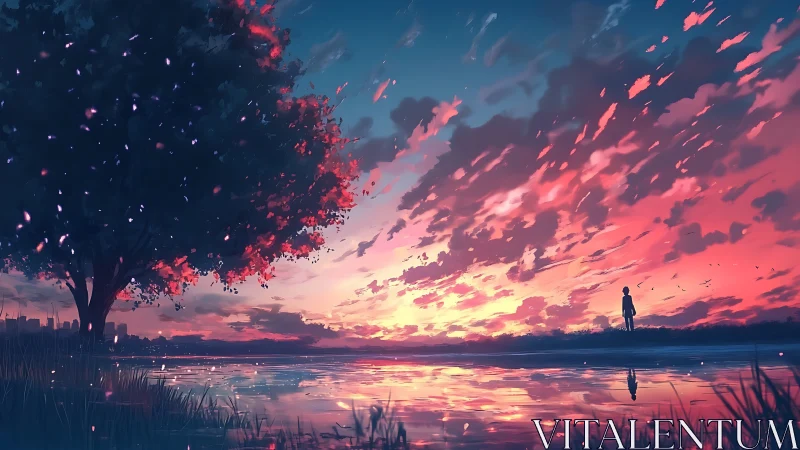 Sunset clouds welcome a quiet figure beside a glowing lake