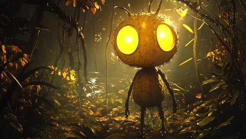 Glowing forest creature with luminous eyes in jungle night.