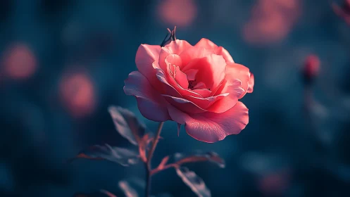 Coral Rose in Teal Atmospheric Bokeh.