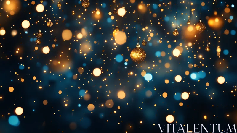 Golden holiday baubles amid glowing bokeh lights background.