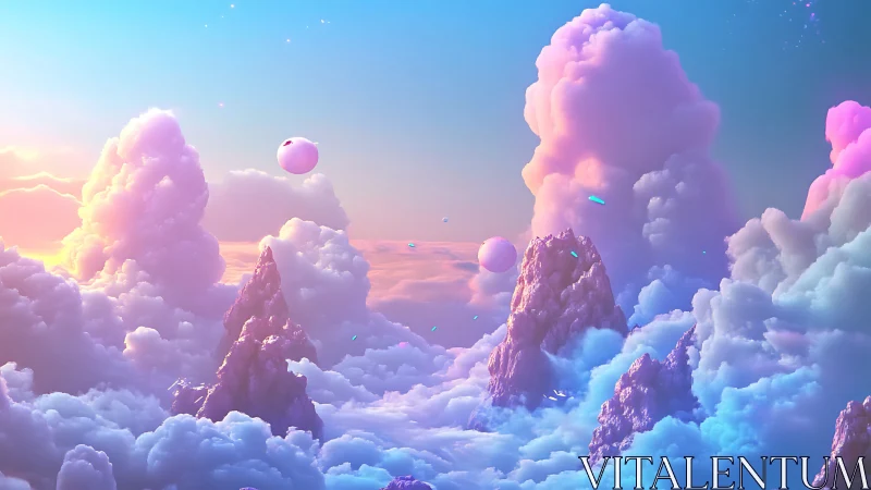 Pastel cloud mountains surround floating orbs at sunrise