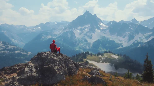 Solitary mountaineer in red suit surveying alpine cirque vista.