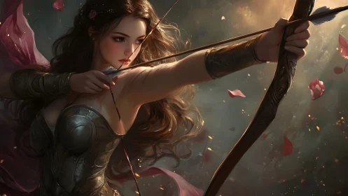 Focused forest archer poised in soft golden light.