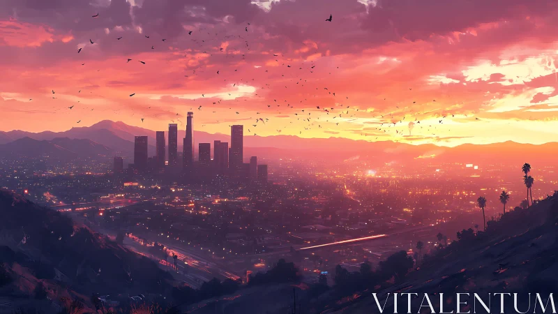 Urban skyline with sunset over valley and distant hills.