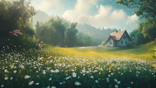 Small country house amid wildflower meadow in sunlight.