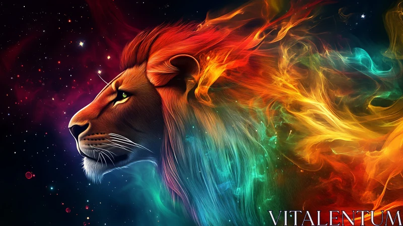 Cosmic rainbow lion drifting through starlit nebulae.