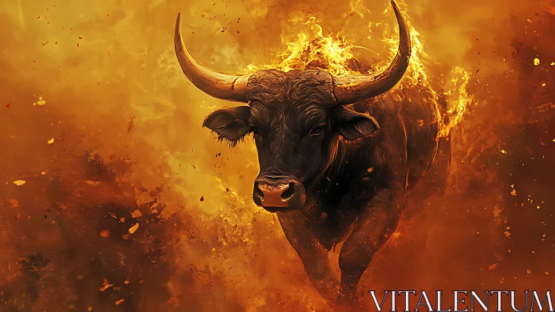Flaming bull charges forward through dense molten haze