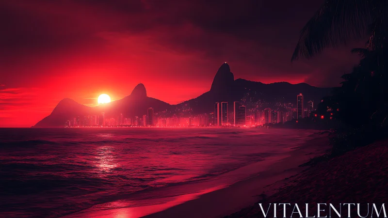 Red coastal city skyline at sunset with mountain backdrop.