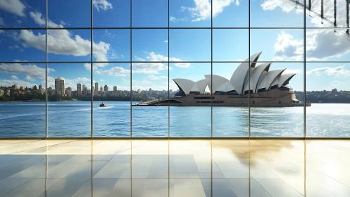 Sydney Opera House framed by expansive waterfront window view