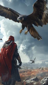 Cloaked wanderer confronts descending eagle in stormy skies.