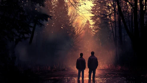 Two figures stand on reflective forest path at dusk
