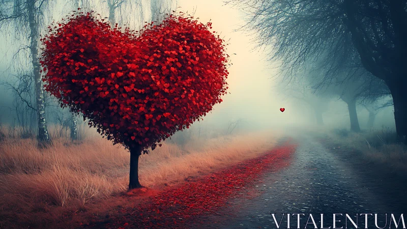 Heart-shaped tree dominates misty forest pathway.