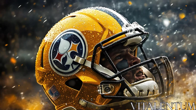 Yellow football helmet close-up under rain and sparks.