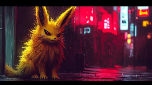Electric fox creature in neon city rain at night.
