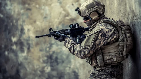 Soldier in tactical gear aiming rifle against concrete wall.