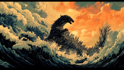 Sea-born titan thrashes through molten sunset storm waves