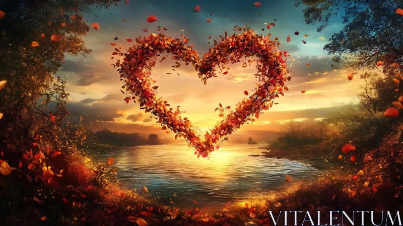 Autumn Leaves Heart Over Water at Golden Sunset.