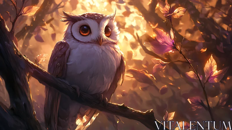 Whimsical Owl Perched in Autumn Forest, Digital Fantasy Art.