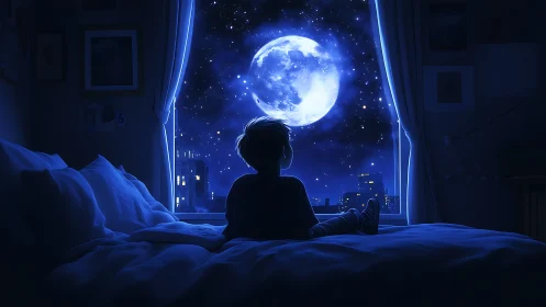 Child staring at bright full moon through bedroom window.