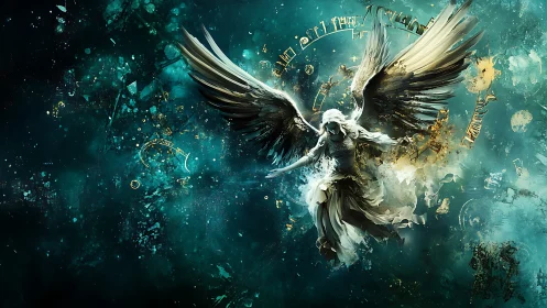 Celestial winged figure amid teal cosmic clock fragments.