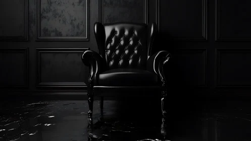 Velvety black armchair resting in a moody dark parlor.