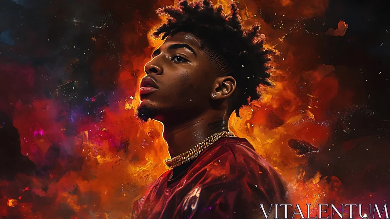 Confident young man rises against vivid cosmic firestorm