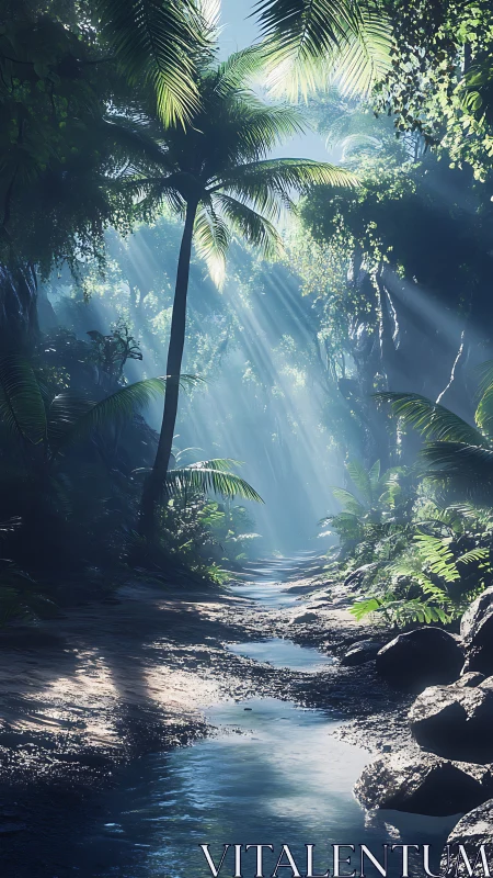 Sunlit jungle stream winds through lush tropical canyon.