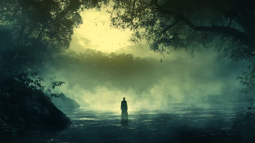 Misty forest river welcomes a lone wanderer at dawn