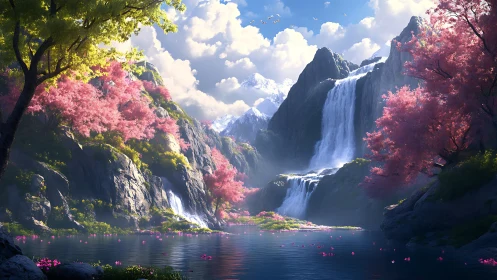 Mountain cascade with pink foliage and reflective lake basin.