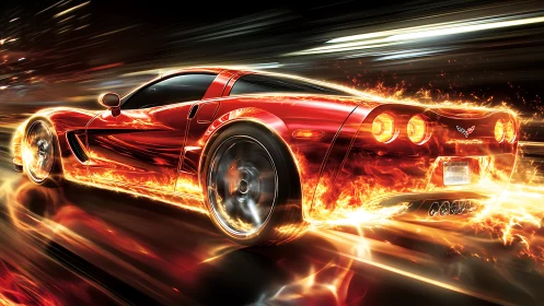 Flaming red sports car races through luminous city streaks