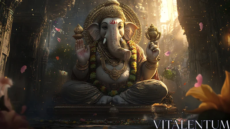 Majestic Ganesha statue in ornate temple bathed in light.