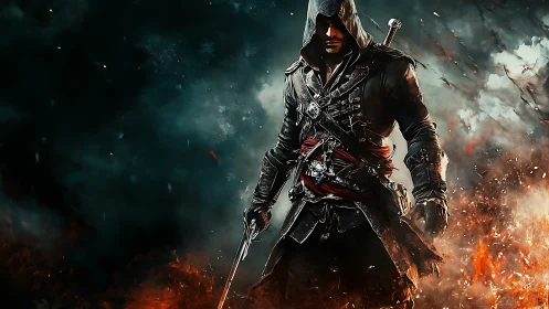 Hooded rogue in combustive battlefield, high-detail rendering.