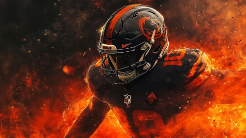 American football player in orange uniform amid digital fire.