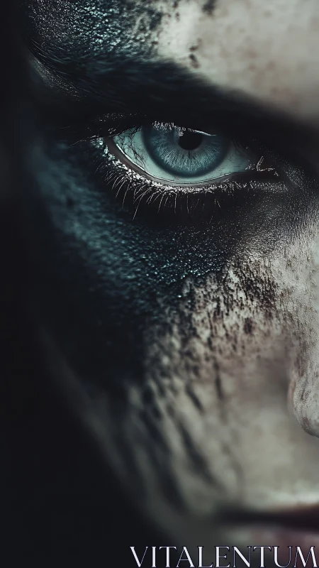 Intense blue eye peers through dark warpaint and shadows.