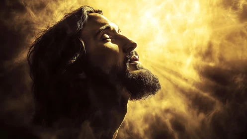 Backlit contemplative profile in volumetric golden haze.