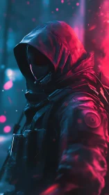 Hooded tactical figure is rendered in neon cyan and magenta light
