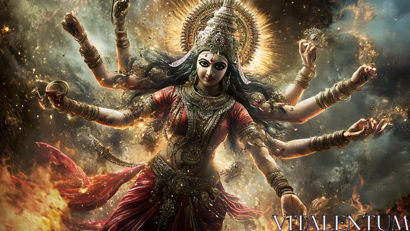 Multi-armed goddess figure stands amid fire and sparks